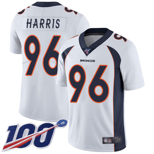 Men Denver Broncos #96 Shelby Harris White Vapor Untouchable Limited Player 100th Season Football NFL Jersey